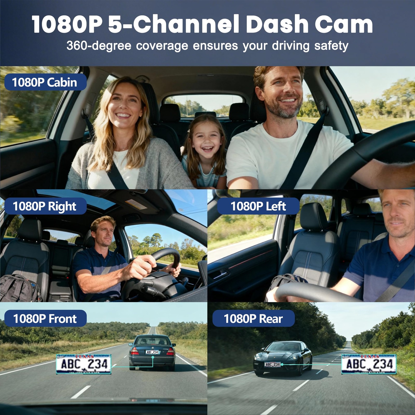 5 Channel 1080P*5 Dash Cam Front Rear Left Right Cabin with OBD2 Power Cable,…