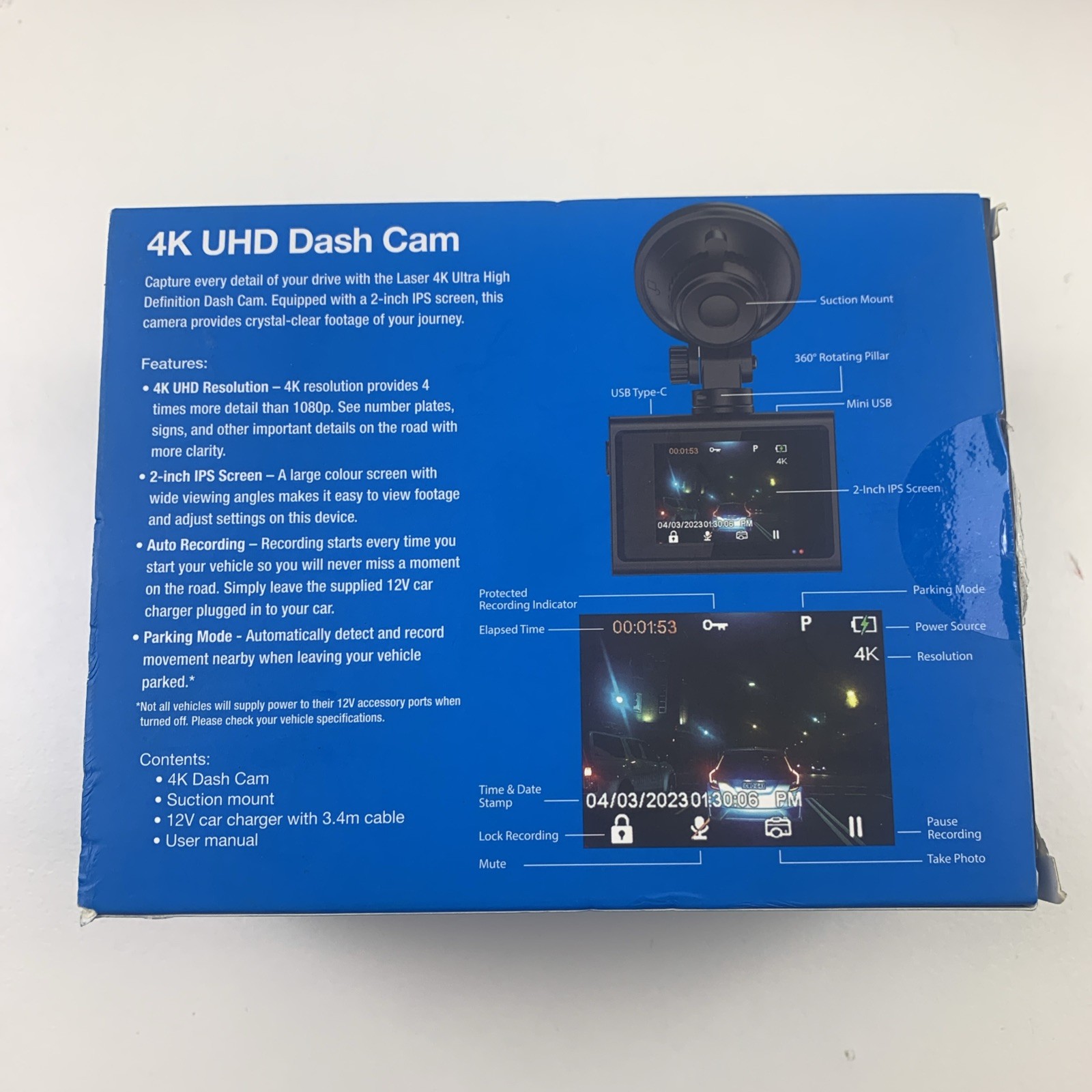 Laser 4K UHD Dash Cam Camera 2-Inch Wide Angle Inc. Suction Mount And Charger