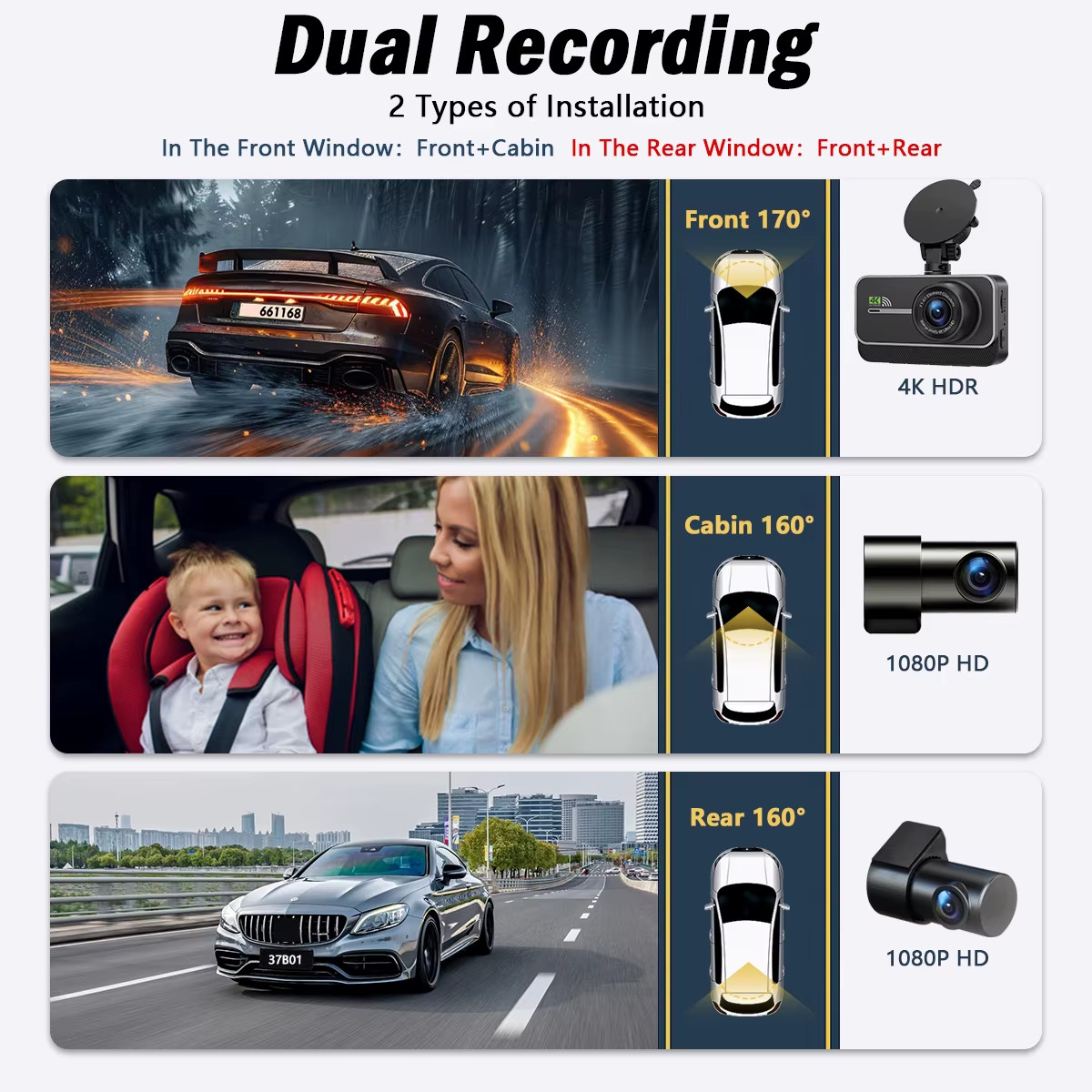 Dashcam 4K Wifi Car Recording Camera DVR Video Recorder Black Box Front and Rear