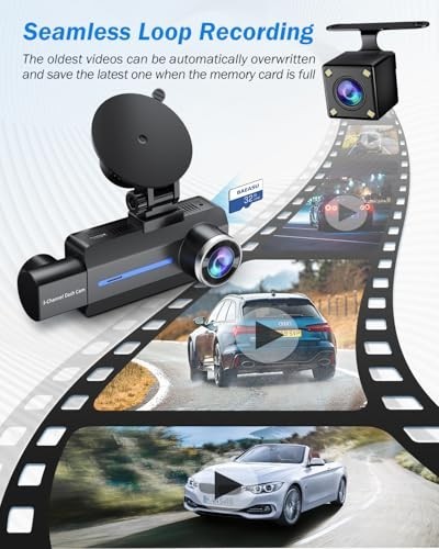 3 Channel Dash Cam Front & Rear, 2.5K 1440P, 170° Wide Angle, G-Sensor, Night Vi