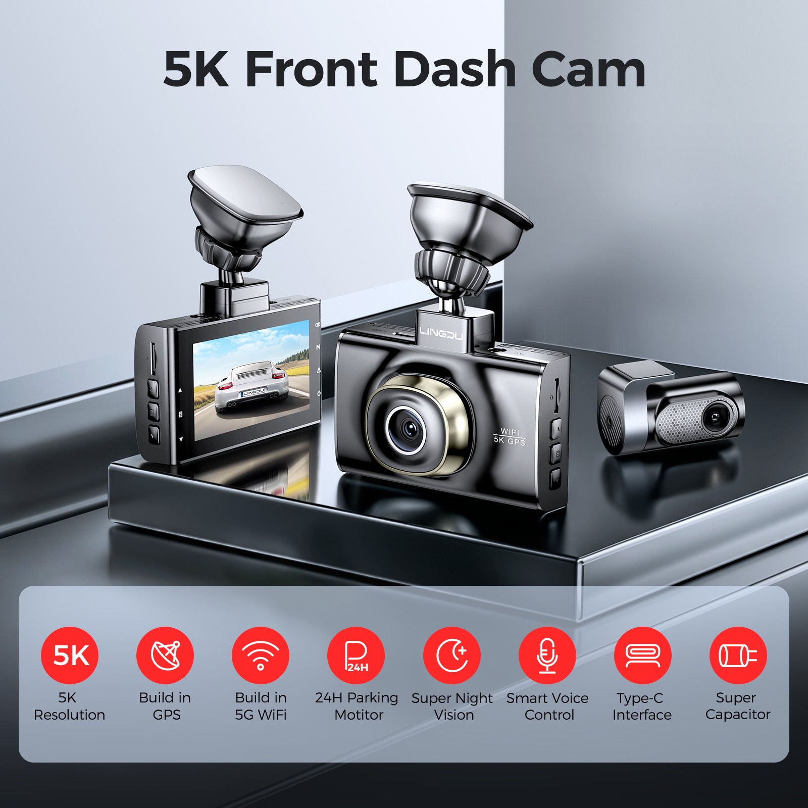 LINGDU Dash Cam 5GWiFi GPS 4K+2K Front and Rear Dash Camera APP 24H Parking Mode