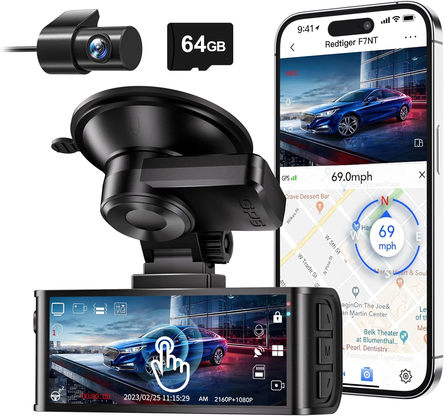 4K Dash Cam Front and Rear, Touch Screen 3.18 Inch, 64GB Card Included, Car Dash