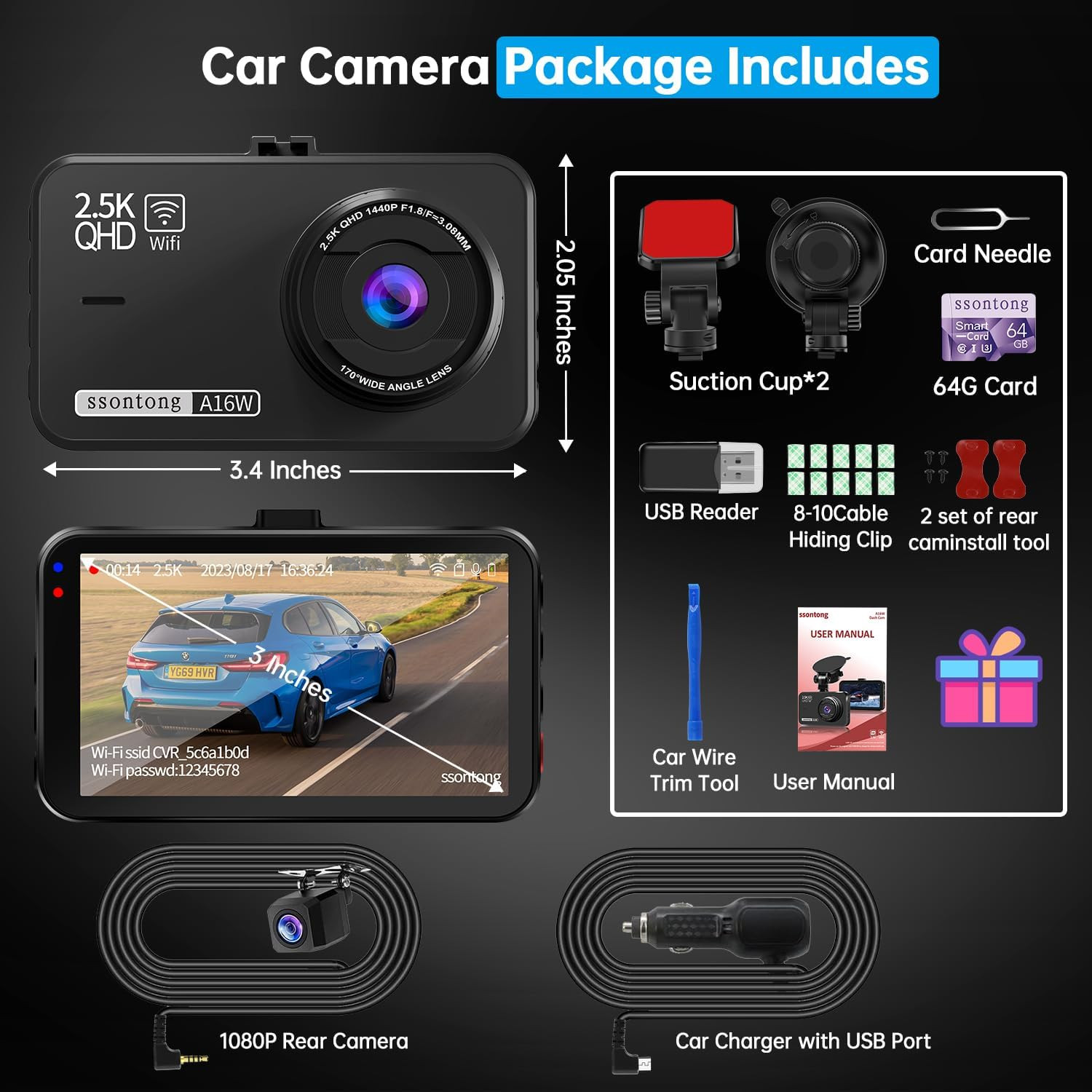 2.5K Car Dash Cam Front 1080P Rear for Car Night Vision DVR CCTV Monitor 64G Car