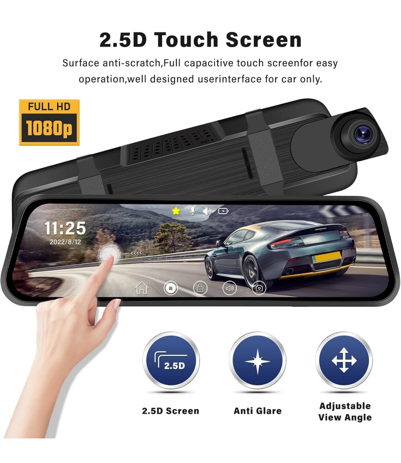 CAMECHO Touch Screen Rearview Mirror Dash Cam 9.66in 1080P Dual Front and Rear