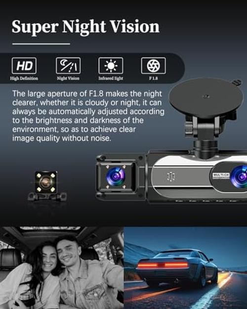 Dash Cam Front and Rear, 1080P Dash Camera for Cars, 3 Channel Car Camera