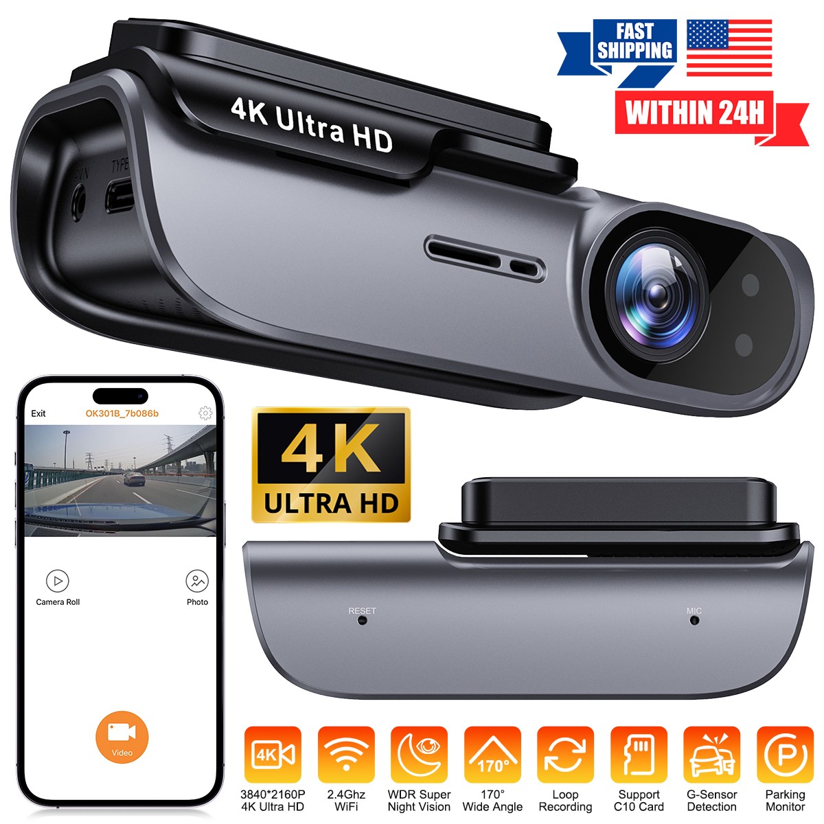 GPS 4K Dash Cam Wireless WiFi Front Car DVR Camera Video Recorder G-Sensor