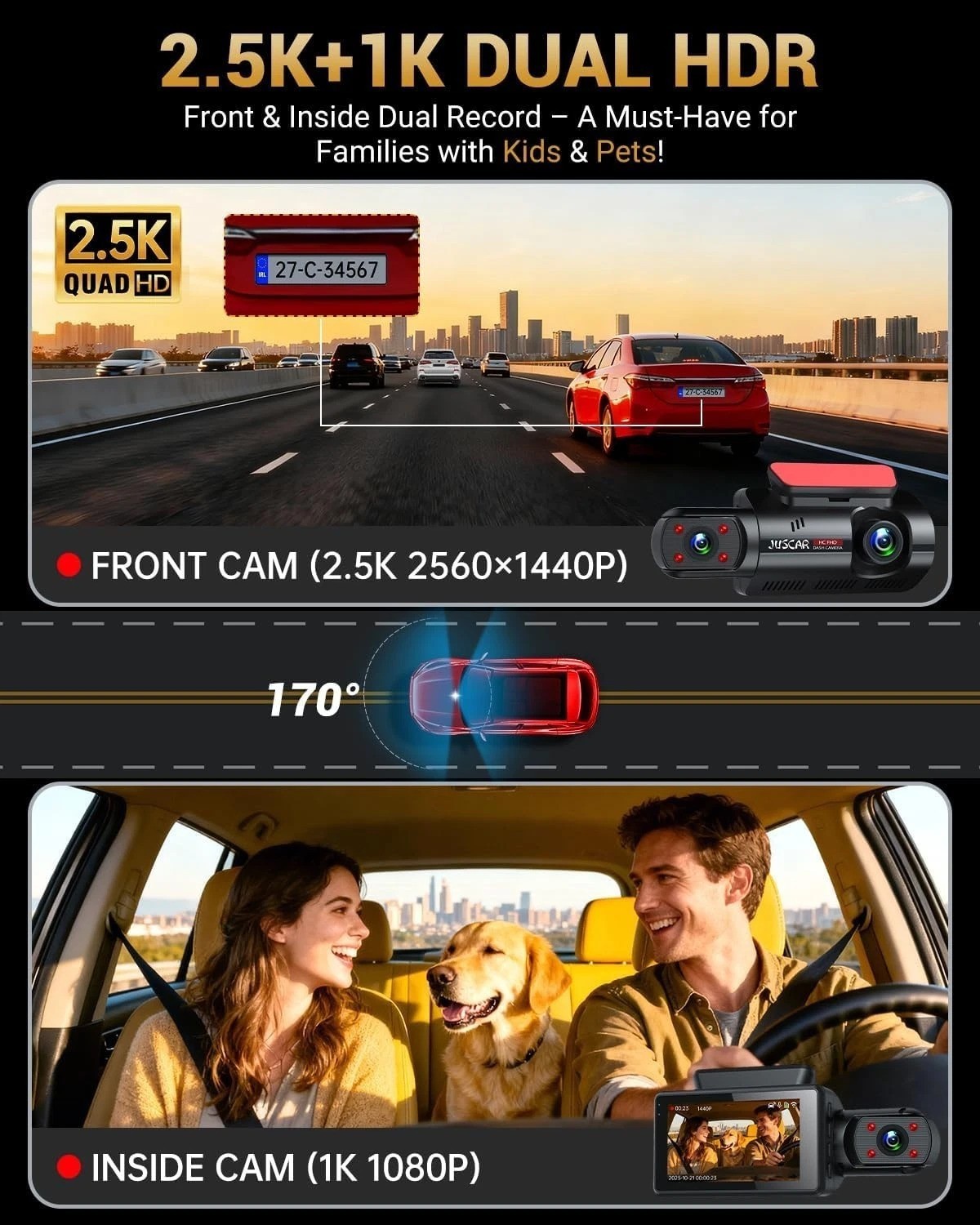 2.5K+1080P Dual Dash Cam Front and Inside, WiFi & GPS Dash Camera for Cars wi…