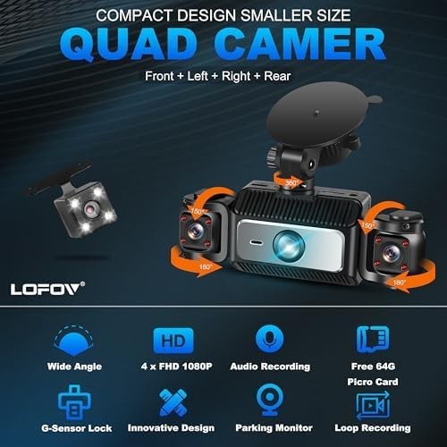 4 Channel Dash Cam 360°View,LOFOV 1080P Front and Rear Inside,Left Right 64GB SD