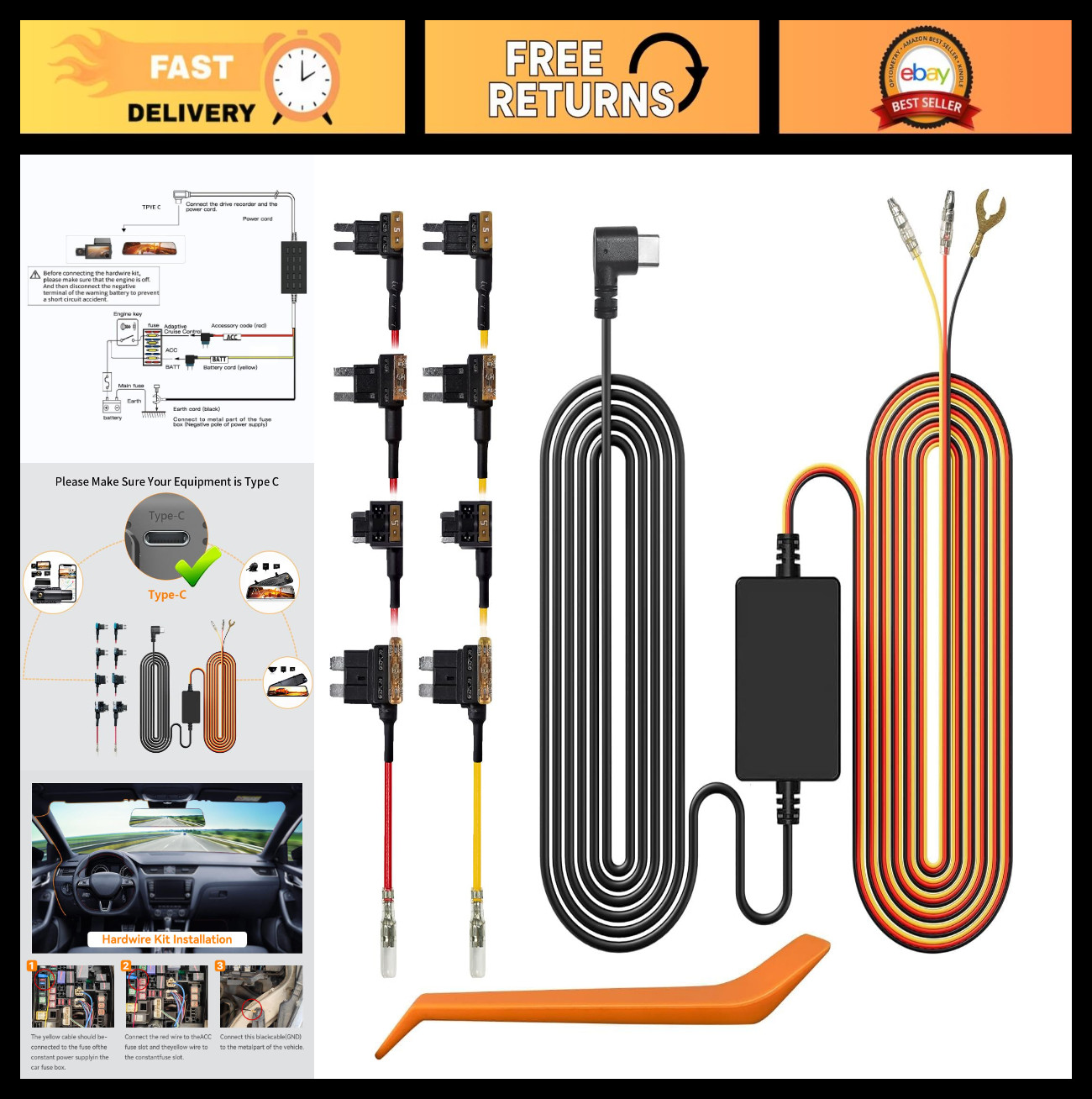 USB C Hardwire Kit for Dash Cam G850PRO G840S G930 G900 Parking Monitor, Multi-S