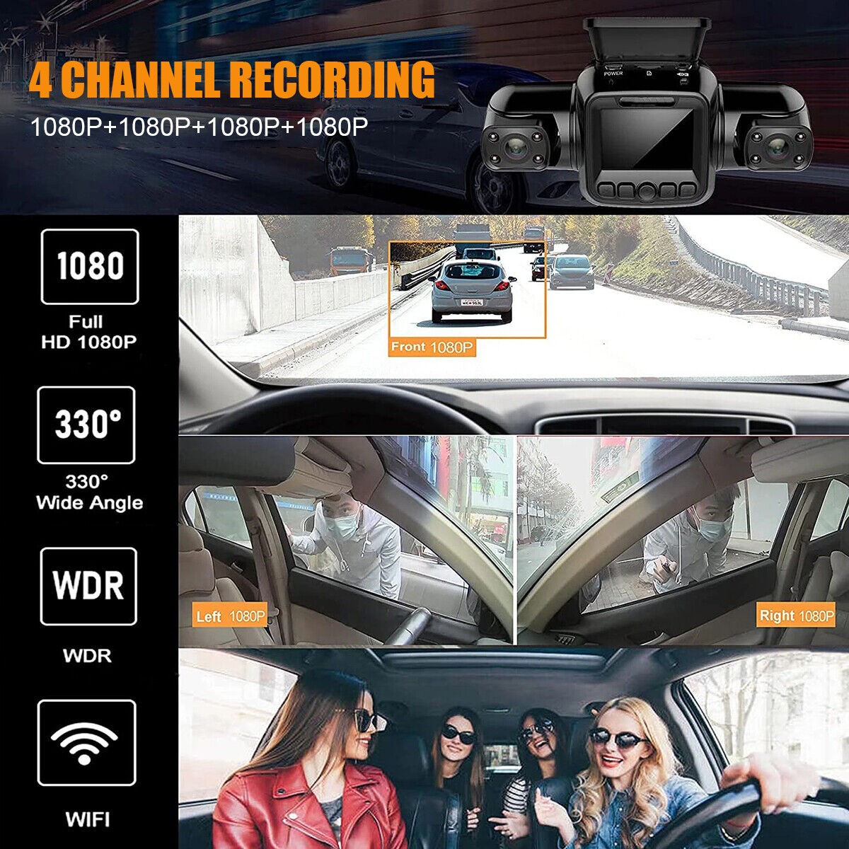 360° 4 Channel WiFi Dash Cam 2K Car Camera DVR Recorder Vehicle Video G-Sensor