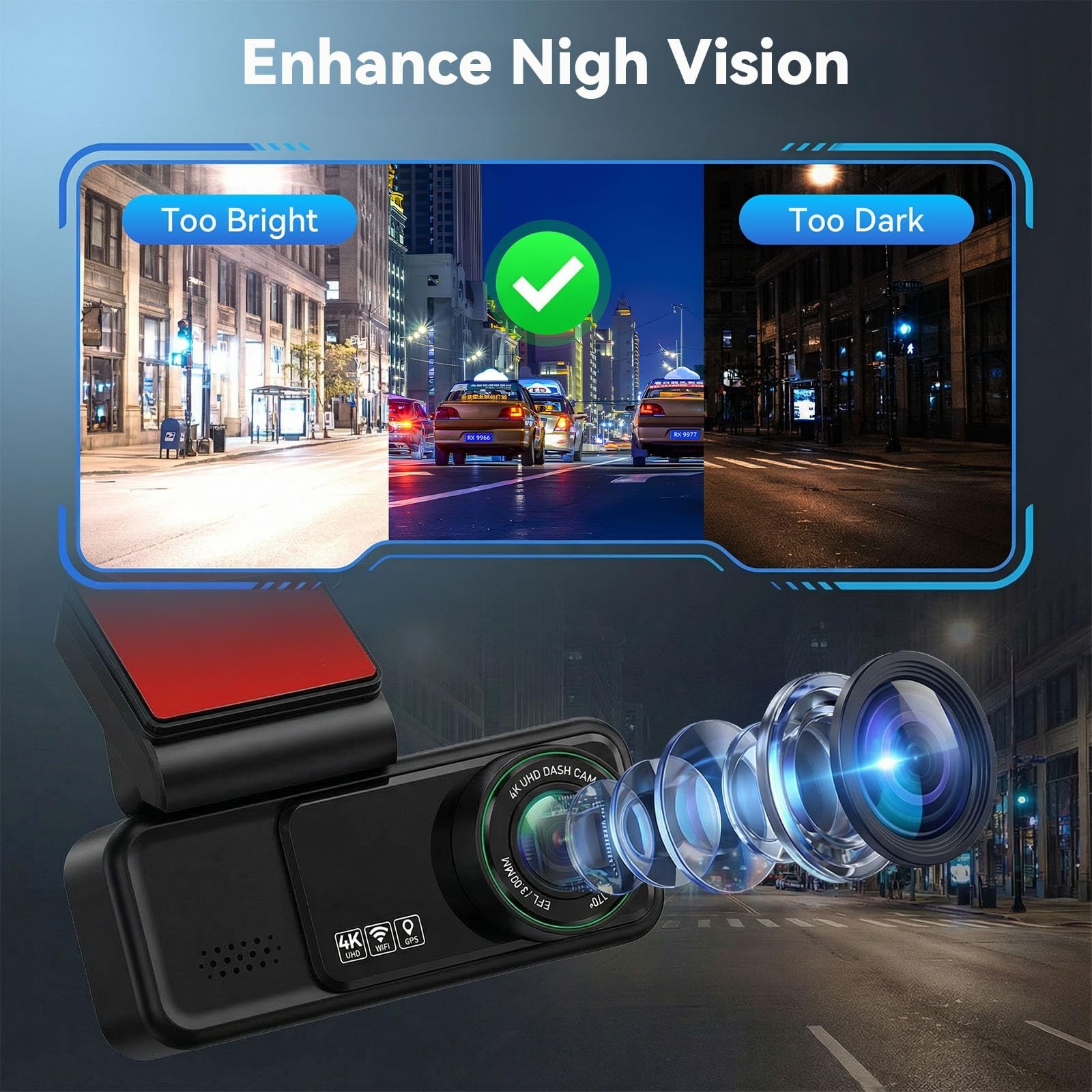 4K Dual Dash Cam Front & Rear, GPS, WiFi, Night Vision, Loop Recording, 24H Park