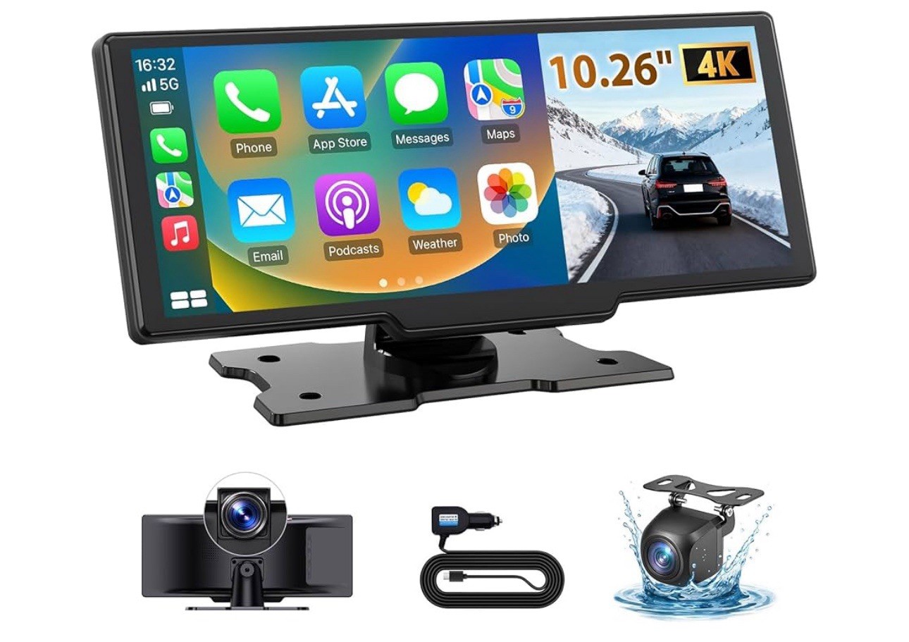 10.26″ Wireless Carplay Screen for Car: 4K Dash Cam & 1080P Backup Camera, Porta