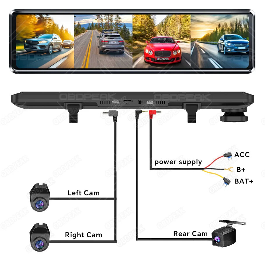 A8 4CH 11.26” Rearview Mirror Dash Cam 4K Front,Rear and Side FHD 3*1080P