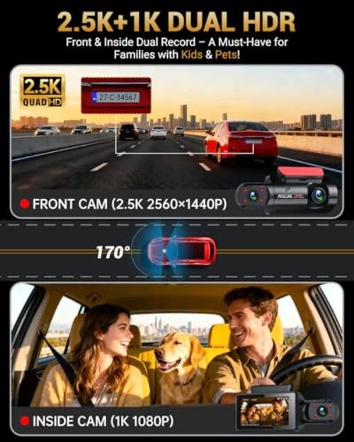 2.5K+1080P Dual Dash Cam Front and Inside, WiFi & GPS Dash 2 front and inside