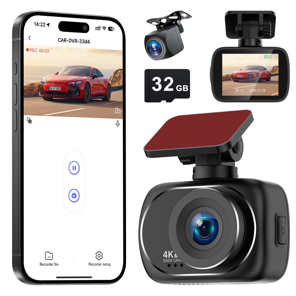4K Dual Lens Dash Cam WiFi Built-in, Night Vision, Free 32GB, 24H Parking Mode
