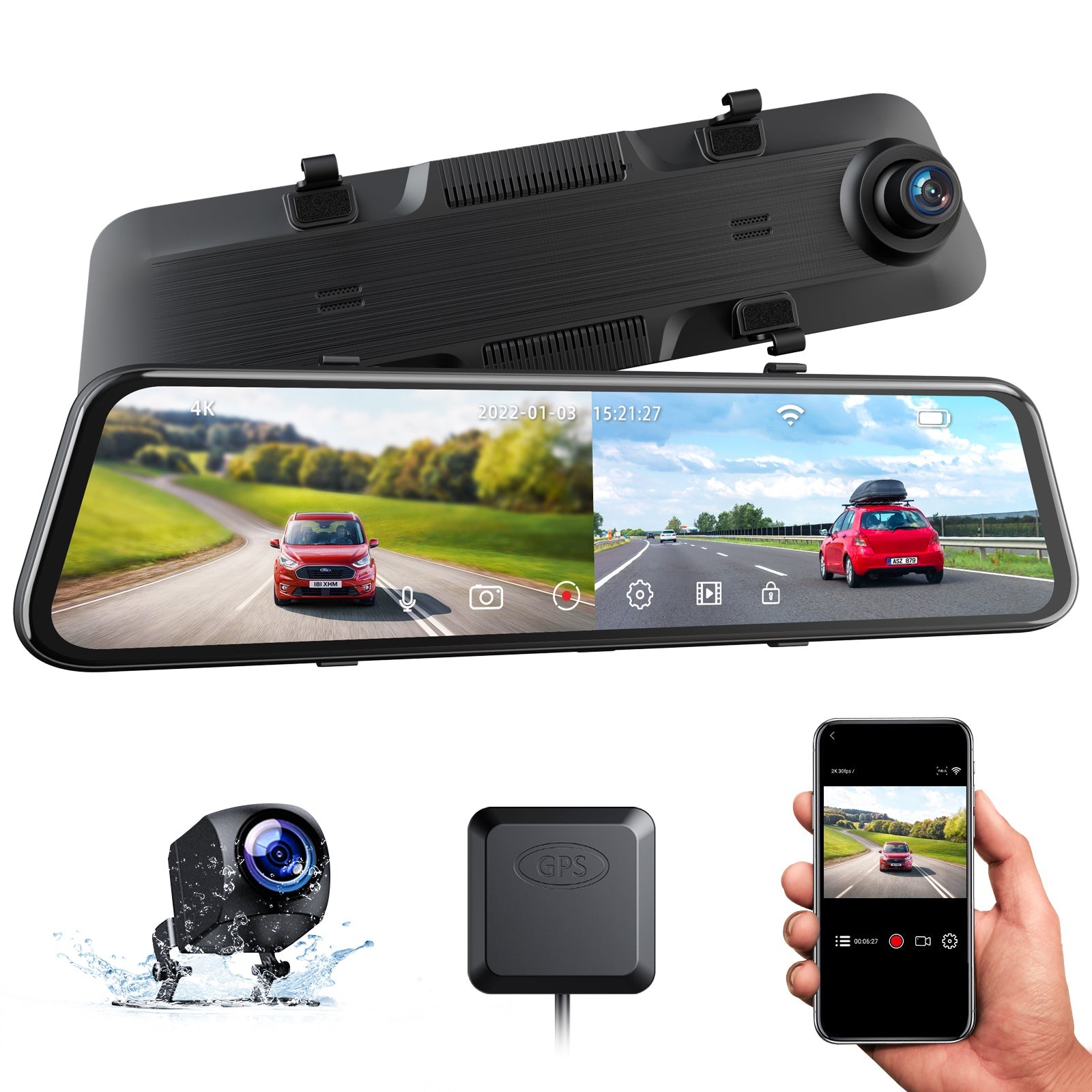 TOGUARD 12″ Wifi GPS Touch Screen Mirror Dash Cam 4K Front Rear Dual Dash Camera