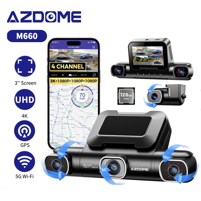 AZDOME 360° 3″4CH 4K Dash Cam 2K+1080P 5G WiFi GPS Park Mode Voice Control 128GB