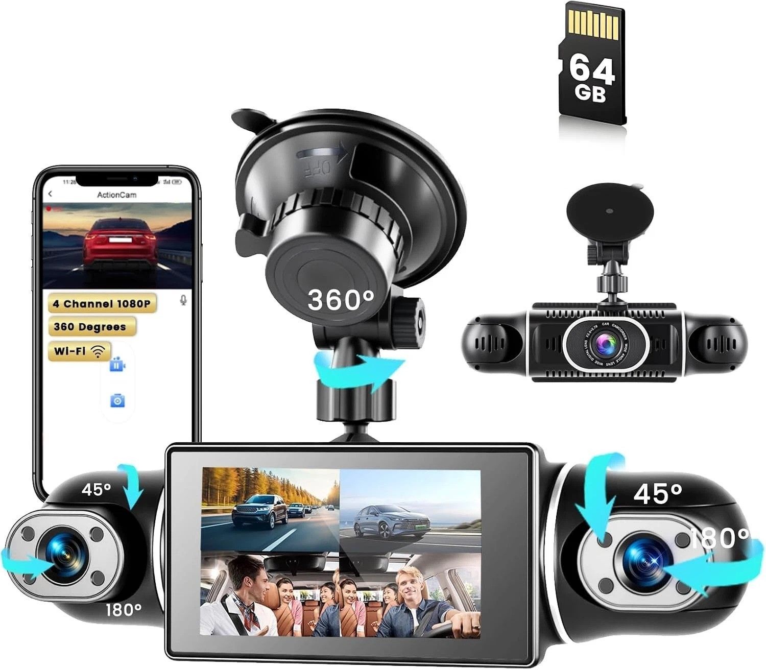 360° Dash Cam Front/Rear/Inside/Side 4-Channel Dash Camera FHD 1080P×4 Car Da…