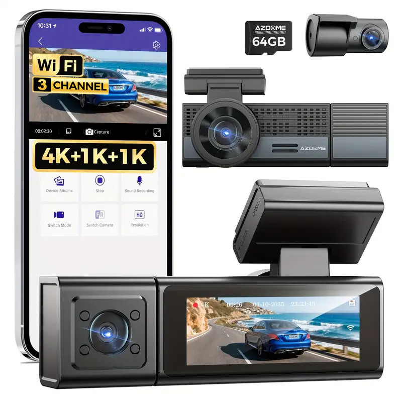 AZDOME 3 Channel Dash Cam 4K WiFi 24H Parking Mode Front&Cabin&Rear 64GB TF Card