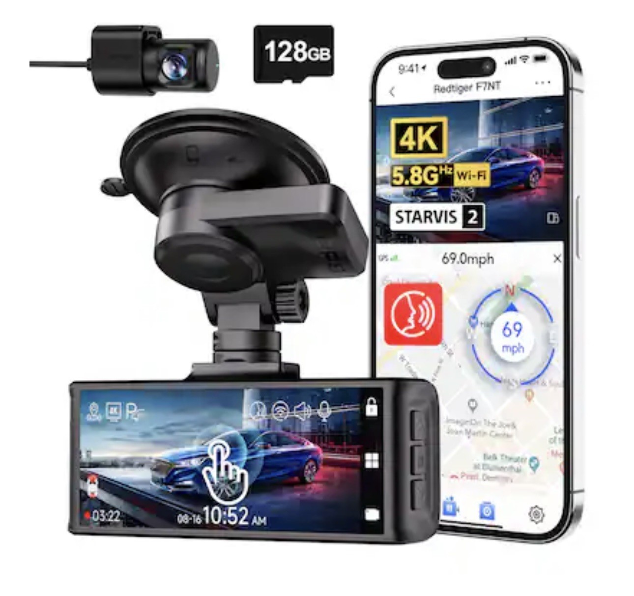Red Tiger 4K Dash Cam Front and Rear. Touch Screen. Voice Control. Night Vision.