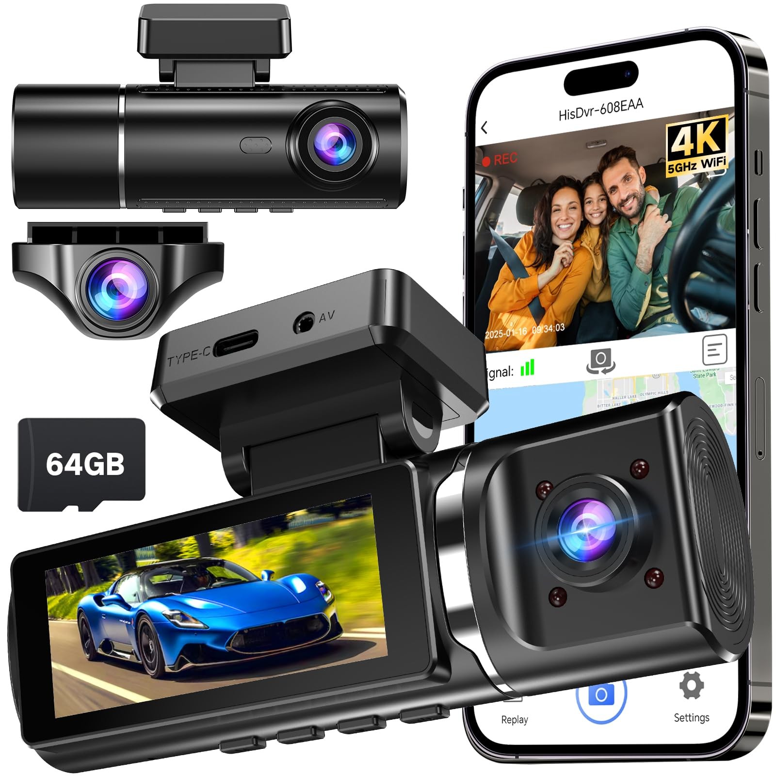 4K Dash Cam Front and Rear Inside with 64GB Card, 3 Channel Dash Camera for C…