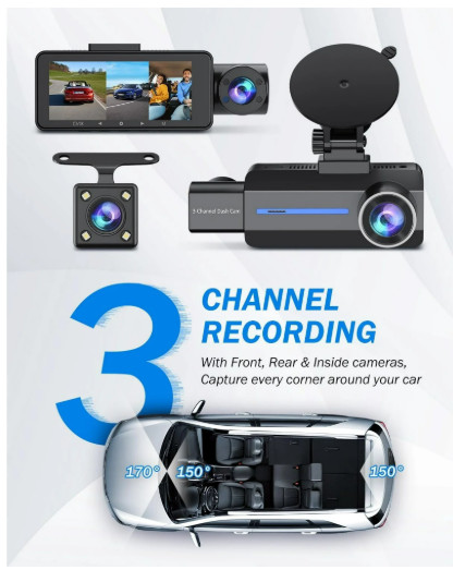 Channel Triple Dash Cam 4K/2.5K+1440P Front/ Rear /inside 32GB G-Sensor L-record