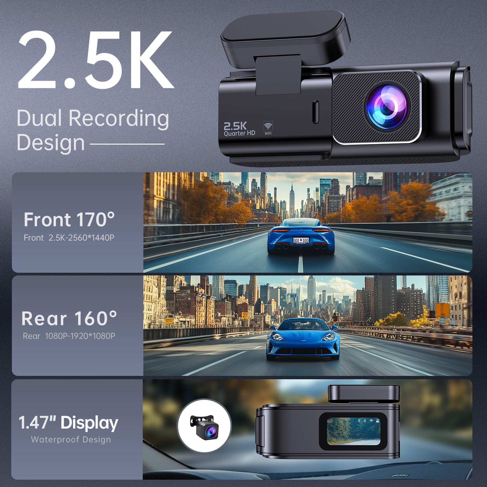 Dash Cam Front and Rear, 2.5K+1080P Dual Dash Camera for Cars, Ecomoment Car