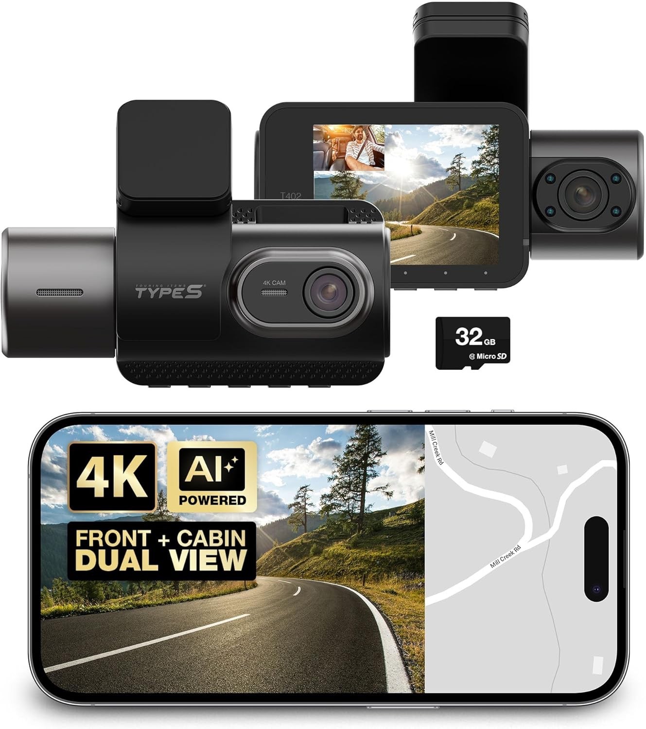 Type S T402 Dual View 4K Dashcam with Enhanced AI-Powered Driver Assistance NEW