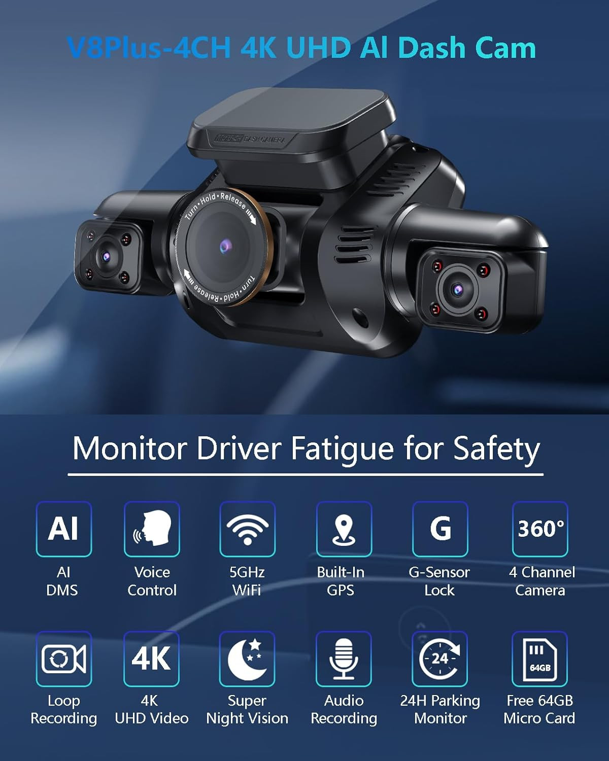 AI Dash Cam Front Rear inside with Driver Monitor System, 360° Car Camera 4K, 4