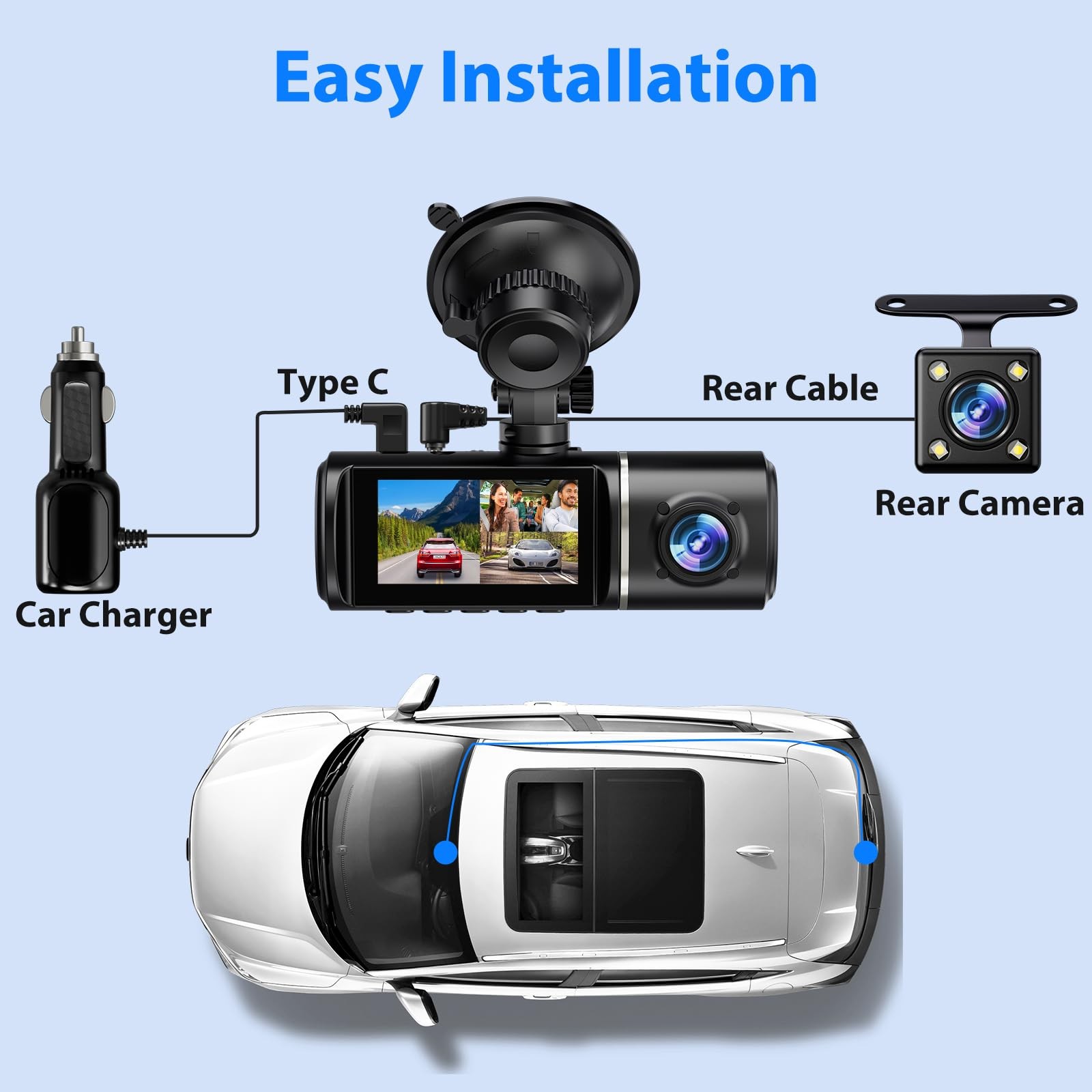 Dash Cam Front and Rear, 1296P Dash Camera for Cars, 3 Channel Car Camera Fro…