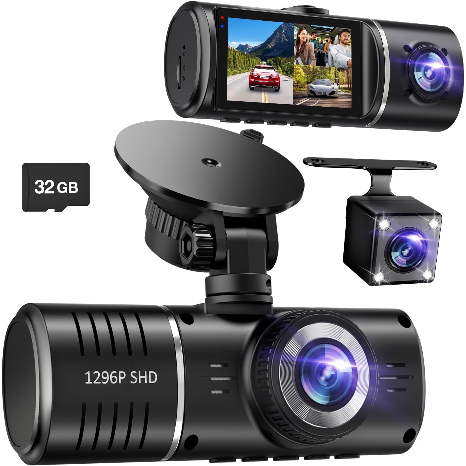 Dash Cam Front and Rear, 1296P Dash Camera for Cars, 3 Channel Car Camera Fro…
