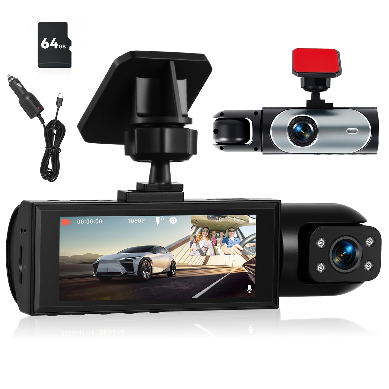 Front and Inside Dual Dash Cam for Cars with 64GB Card, 3.16 inch IPS Screen …