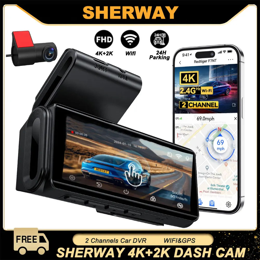 Dash Cam 4k Front Rear Car Cameras 3.69″ Touch Screen Car DVR Built-in GPS ADAS