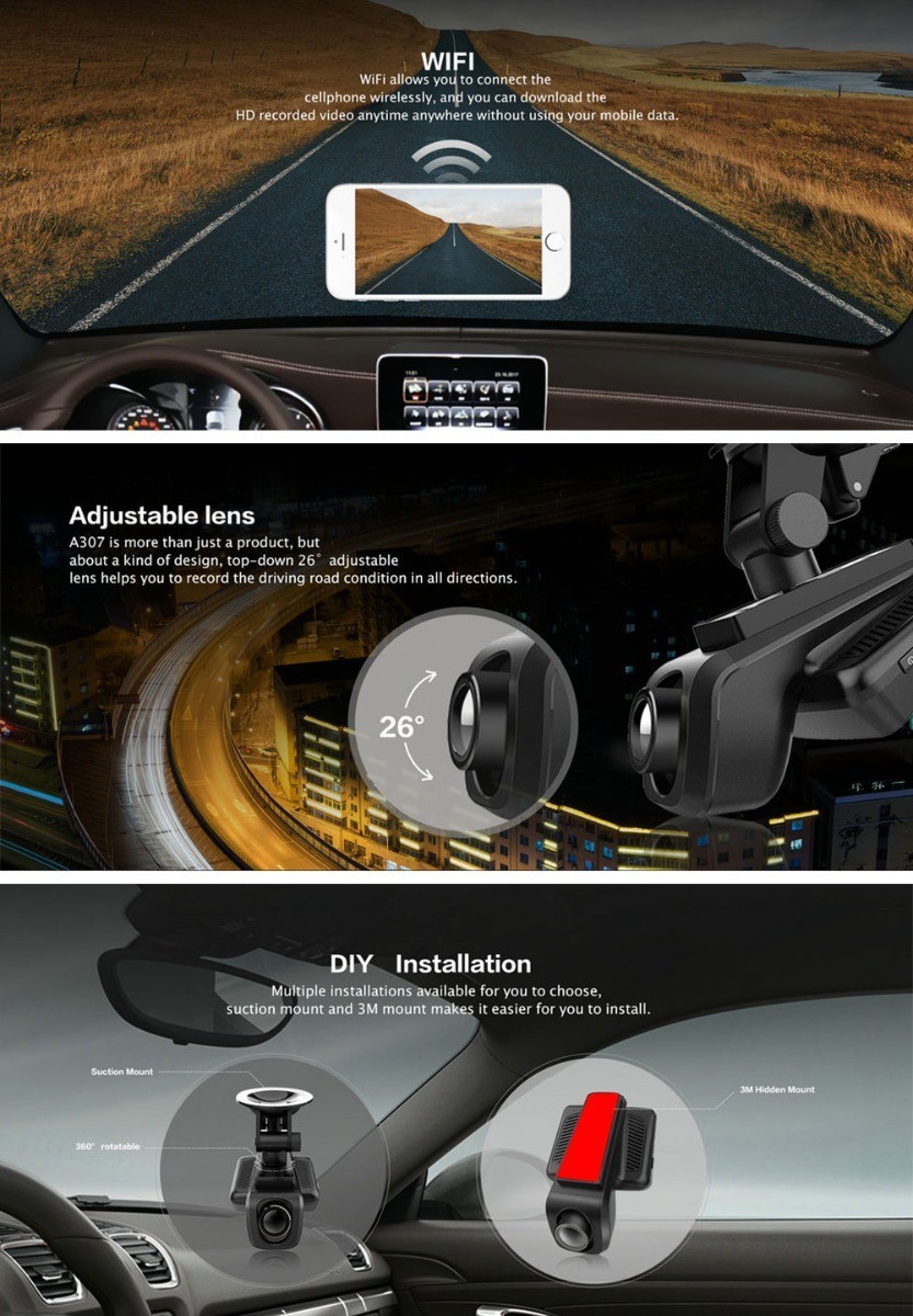 Azdome Dash Cam A307 WiFi Car DVR 150 Degree Wide Angle Lens