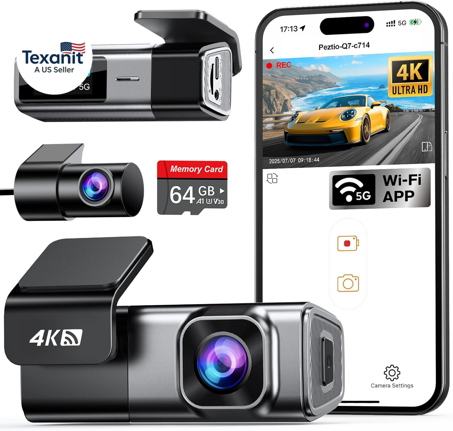 4K Dash Cam Front and Rear with 64GB Card, Built-In 5G Wifi, Dash Camera for Car