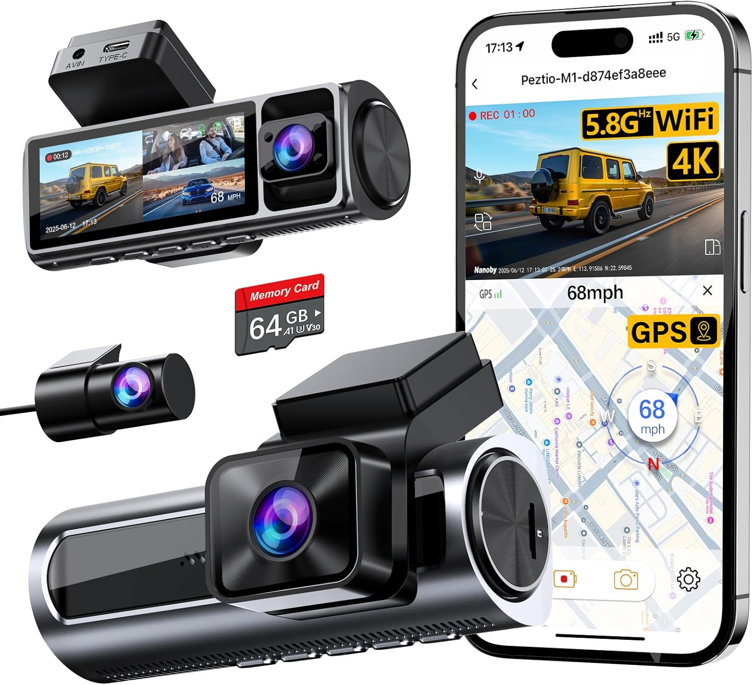 4K 3-Channel Dash Cam Front/Rear Inside GPS WiFi 64GB Card 3.18″ IPS Screen