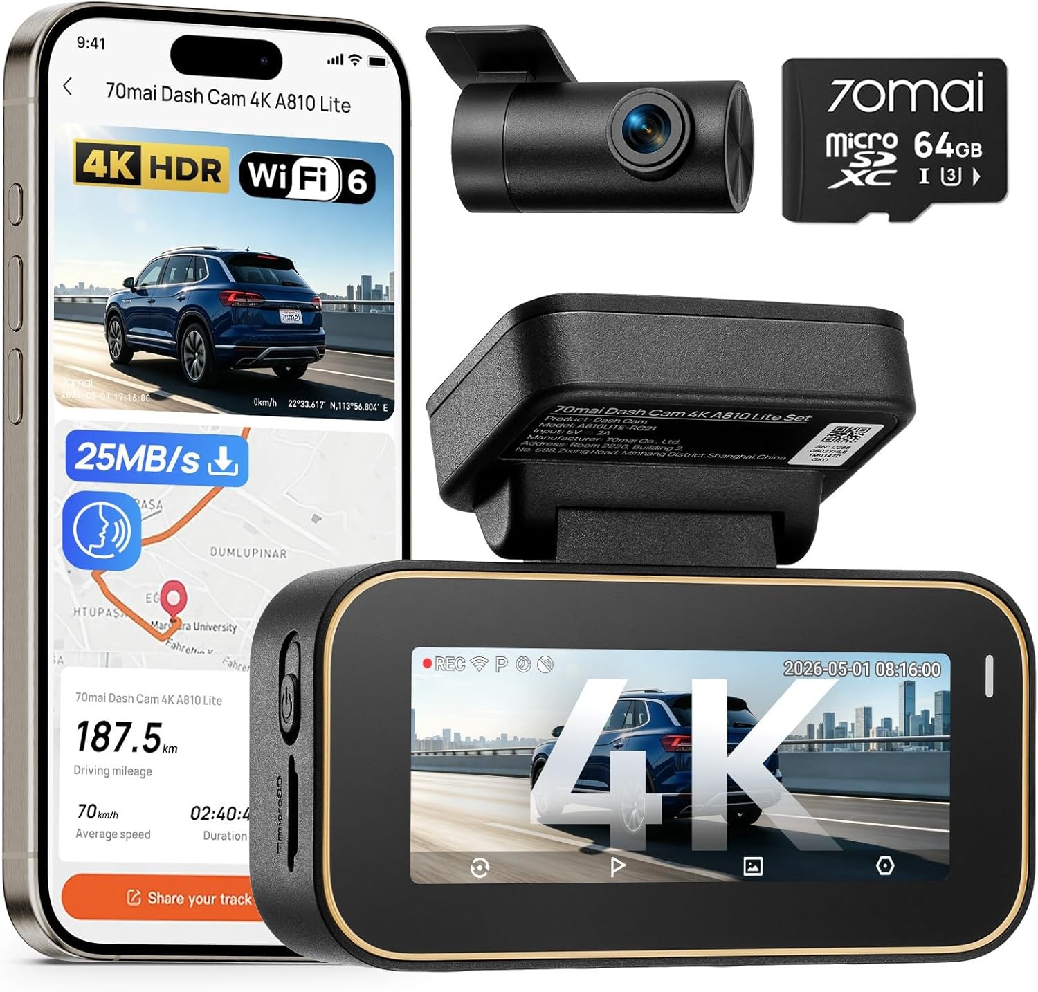 4K Dash Cam Front Rear, 5GHz Wi-Fi 6 Car Camera with 4G