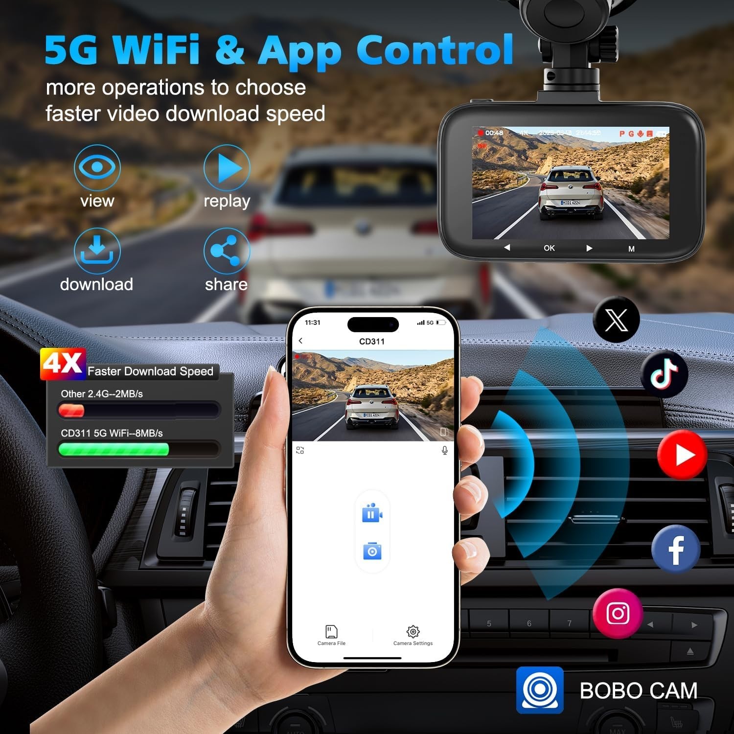 Dash Cam Front and Rear 4K Dual Dash Camera Dashcams for Cars 5GHz WiFi 3 Inch