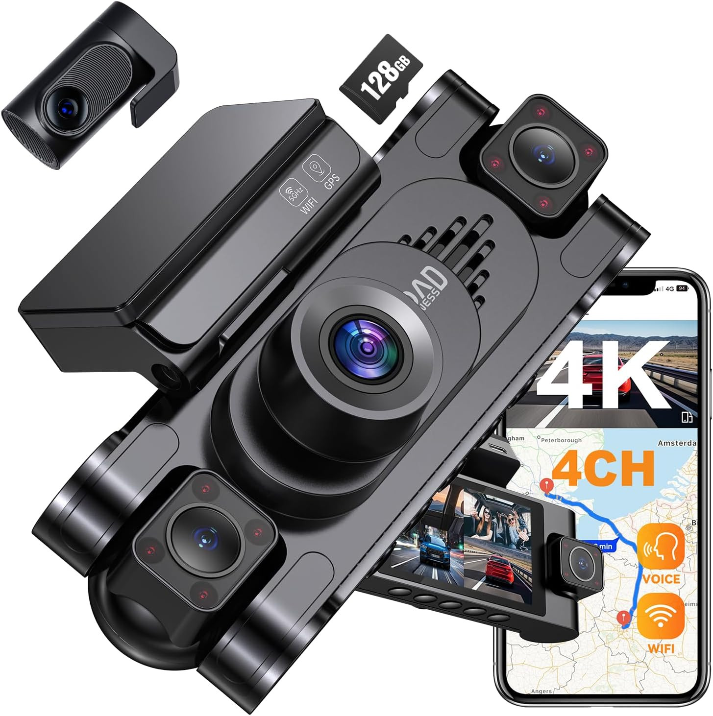 4K 360° Dashcam for Cars,4 Channel Car Dash Cam Front and Rear inside with 128GB