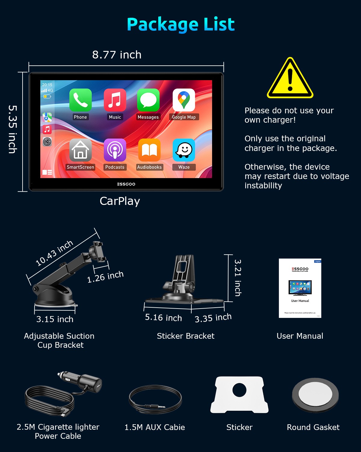 ESSGOO Portable 4K Car Stereo Apple CarPlay Android Auto Touch Screen FM Radio
