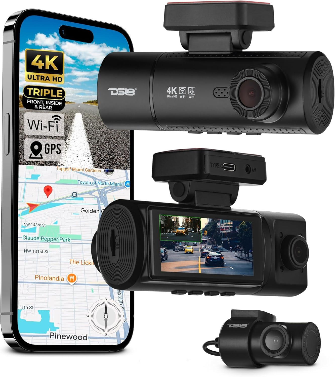 Eagle-F3 4K Dash Cam Triple Front Cabin and Rear, Wifi GPS Dash Cam with Night V