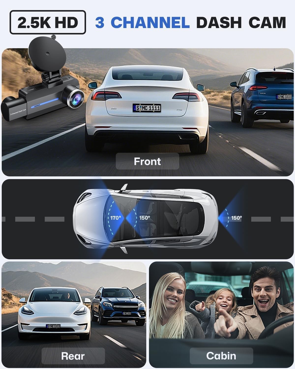 2.5K QHD Dash Cam with G-Sensor & Night Vision – Front, Rear & Inside Monitoring