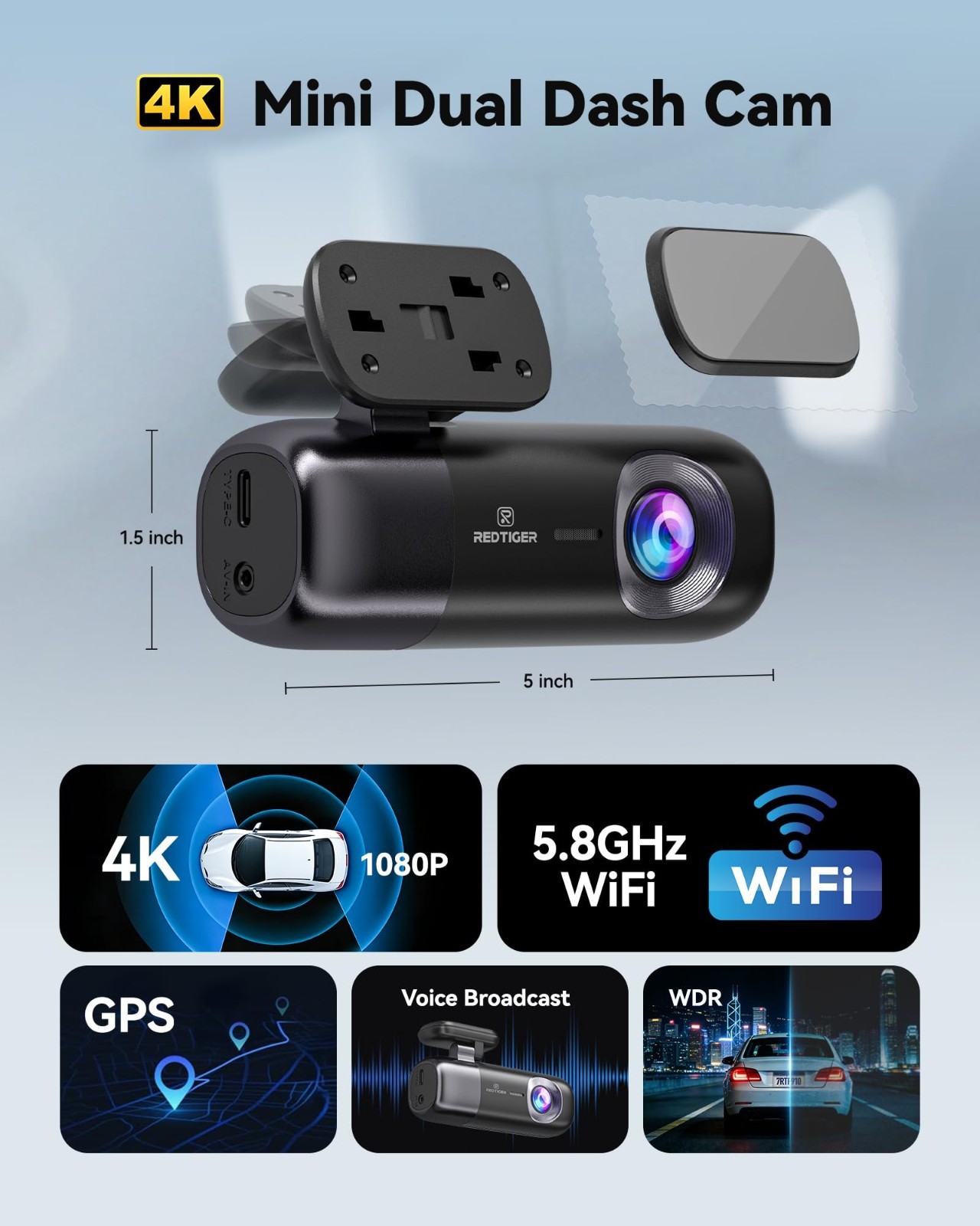 4K Dual Dash Cam Front & Rear, WiFi App Control, G-Sensor, GPS, Night Vision, Lo