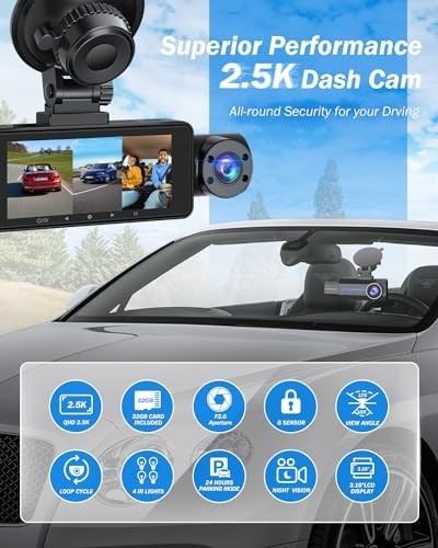 3 Channel Dash Cam Front & Rear, 2.5K 1440P, 170° Wide Angle, G-Sensor, Night Vi
