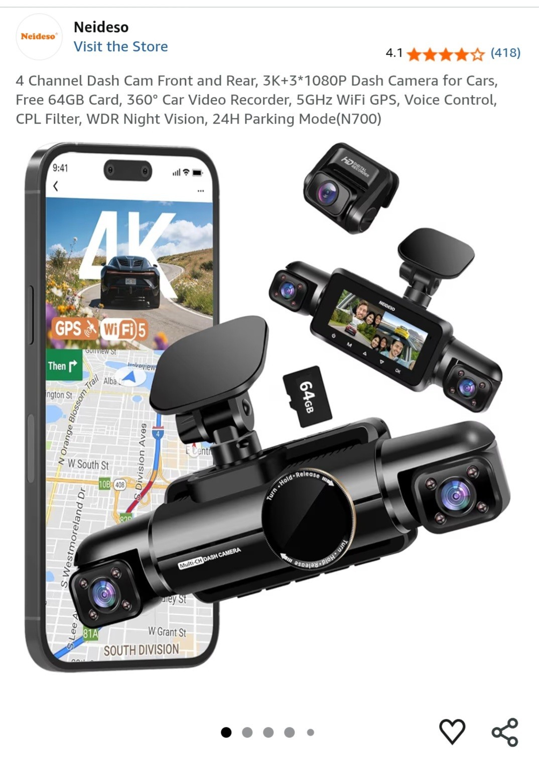 4 Channel Dash Cam Front and Rear, 3K+3*1080P Dash Camera for Cars, Free 64GB