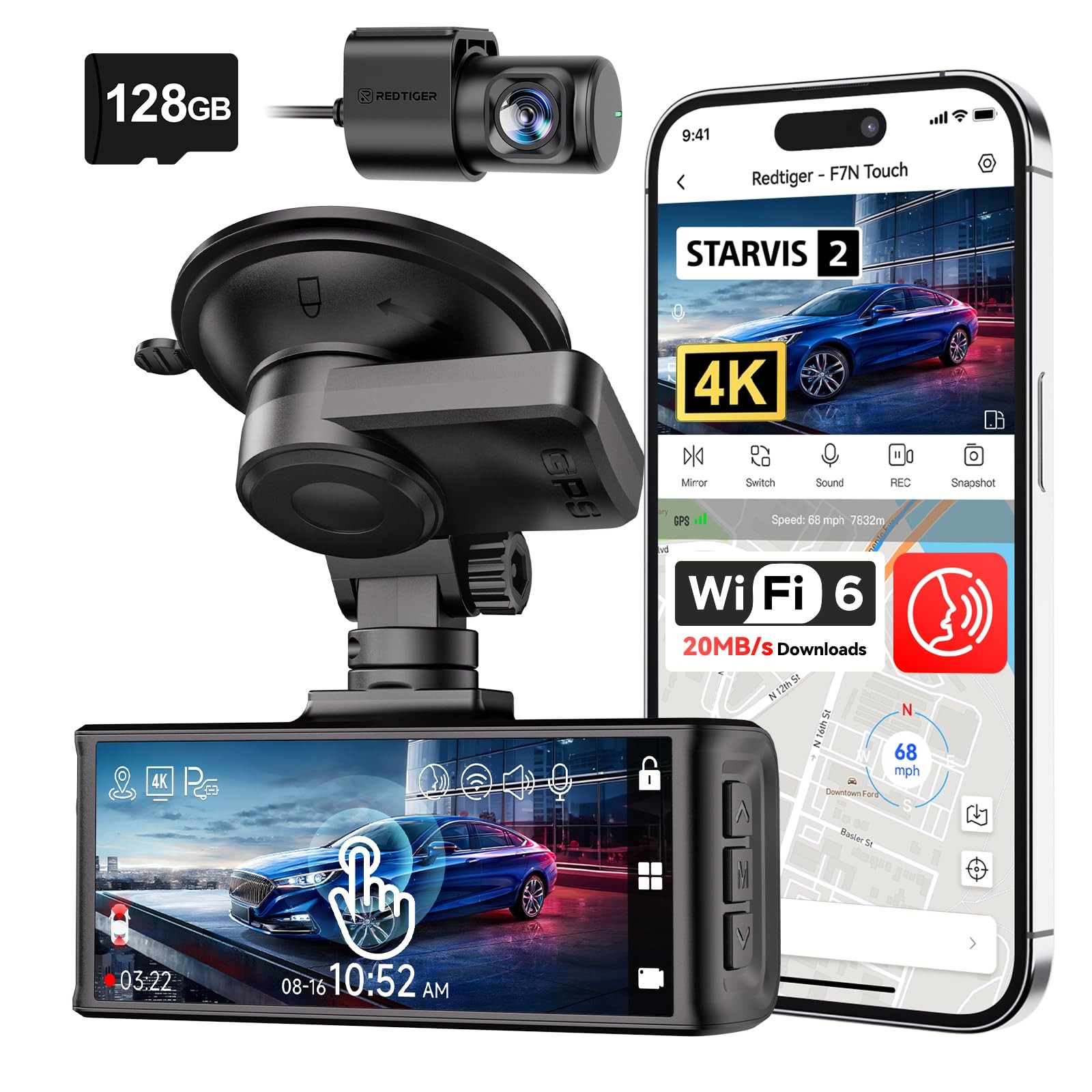 4K STARVIS 2 Dash Cam Front and Rear, 5GHz WiFi 20MB/s Download, 128GB Card I…