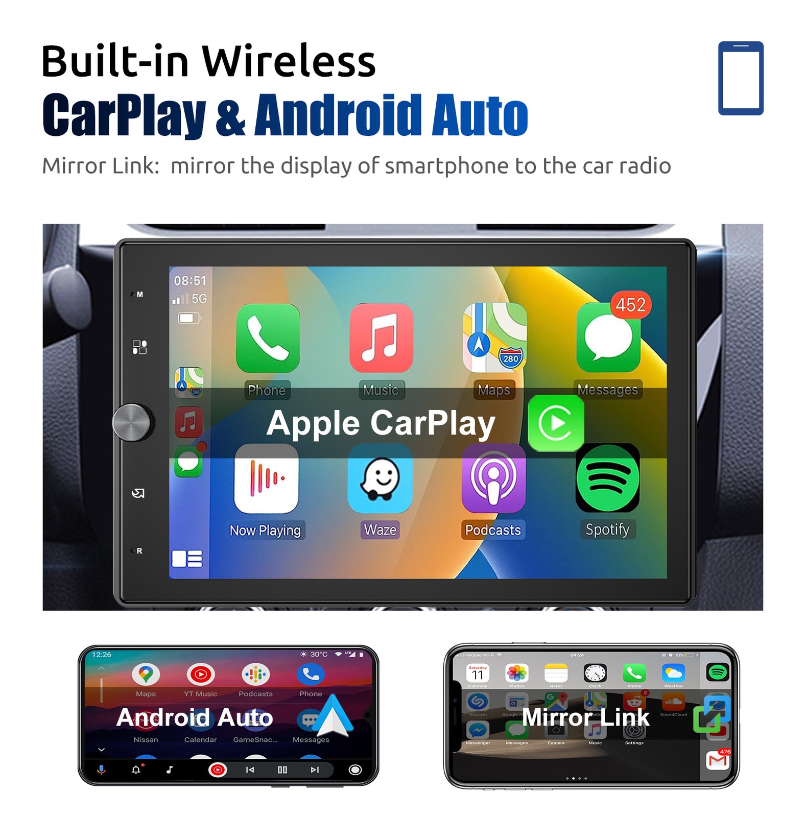 10.4″ 1 DIN Touch Screen Car Stereo BT Radio Apple Carplay Android Auto w/ Cam