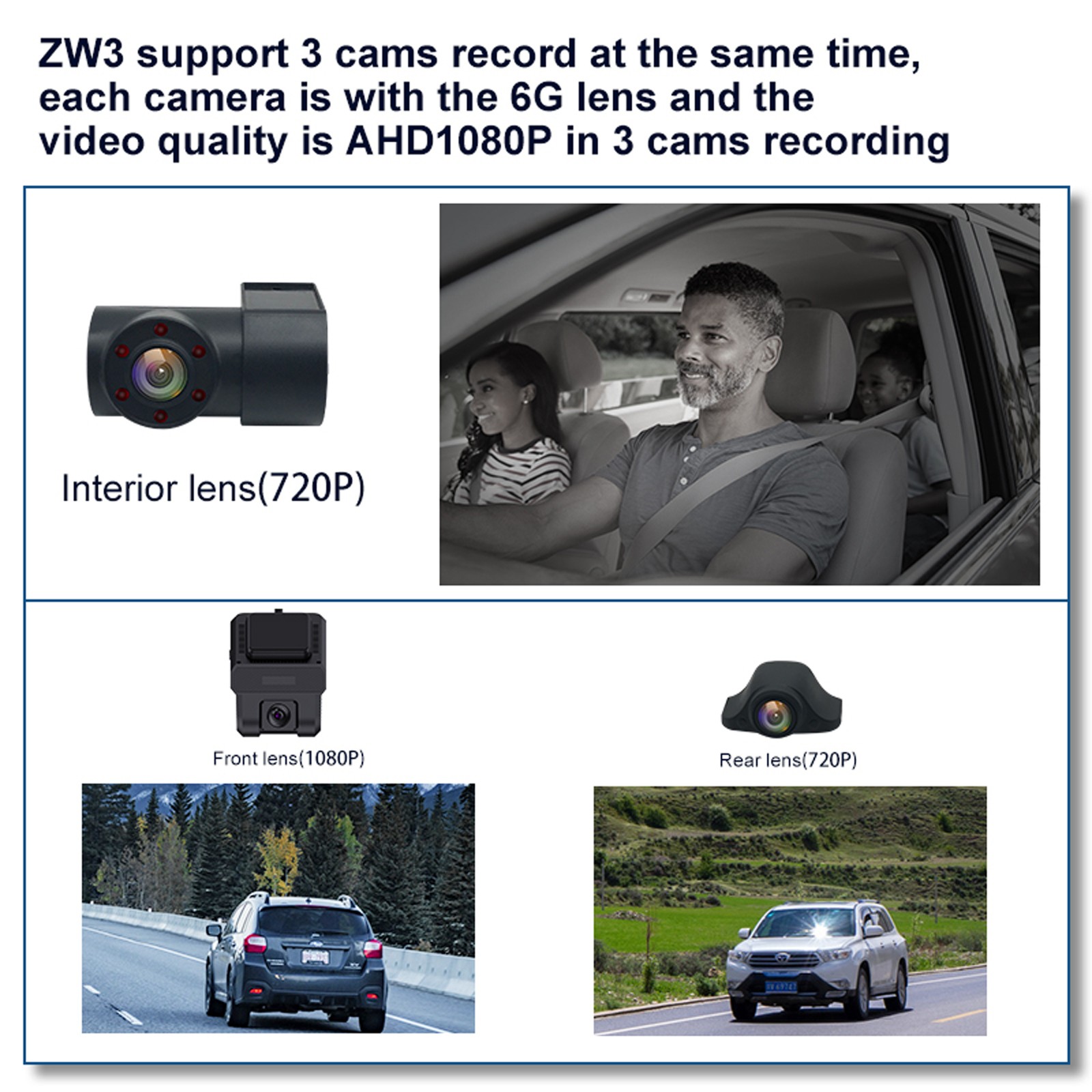 Triple Lens Dash Cam 3 Channel Car Camera 4G LTE Remote Live View Night Vision