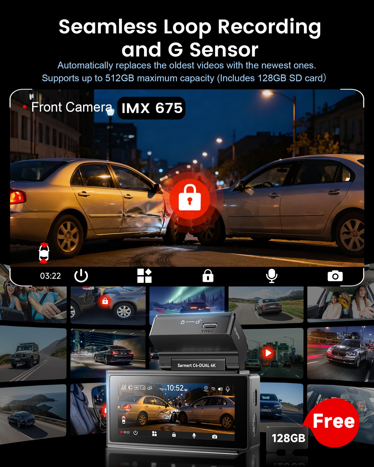 Ombar 4K Dash Cam Recorder 3-Channel Car DVR Video Camera GPS G-Sensor + 64G TF