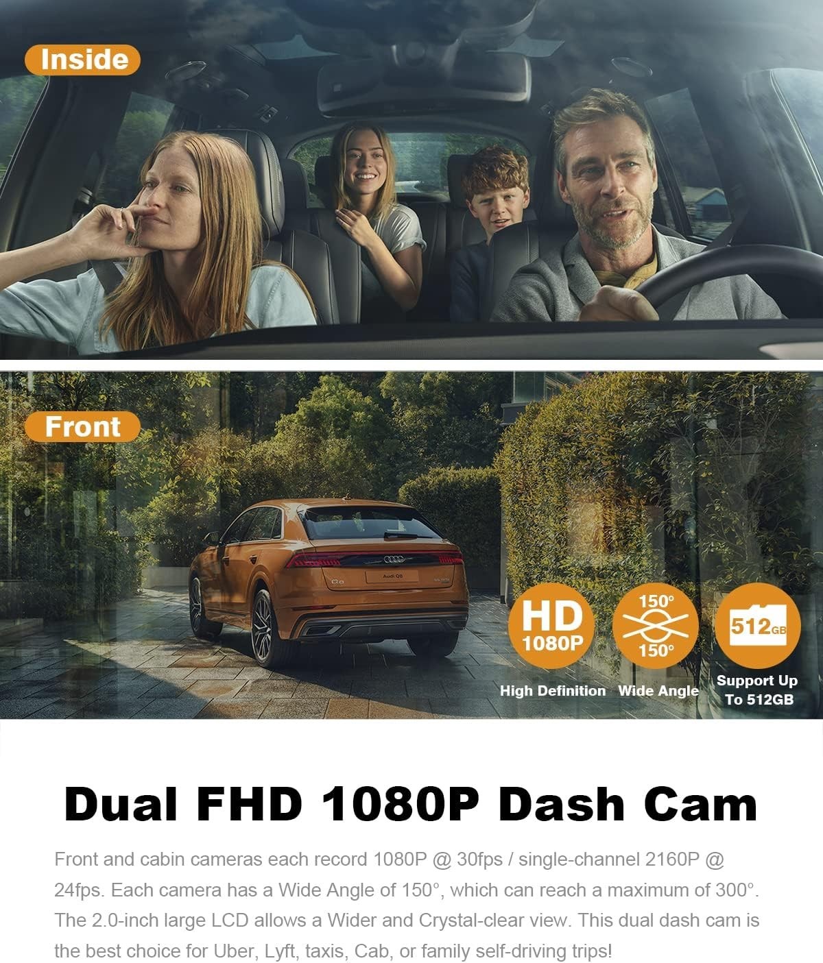 Cámara de tablero para la parte delantera y adentro del automóvil,Dual FHD 1080p